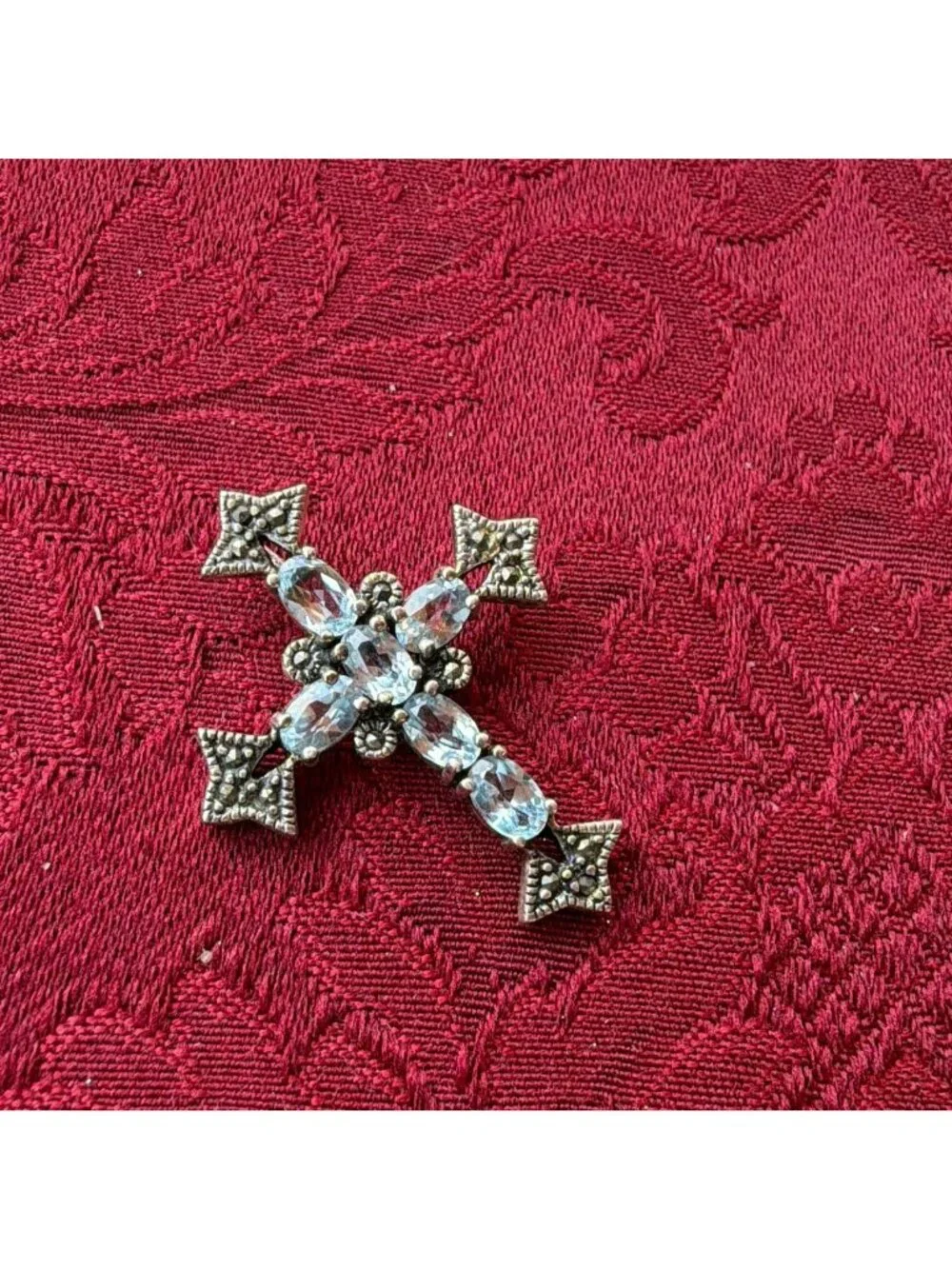 Vintage 925 Sterling Silver Blue Topaz Marcasite Cross Pendant Maltese Charm